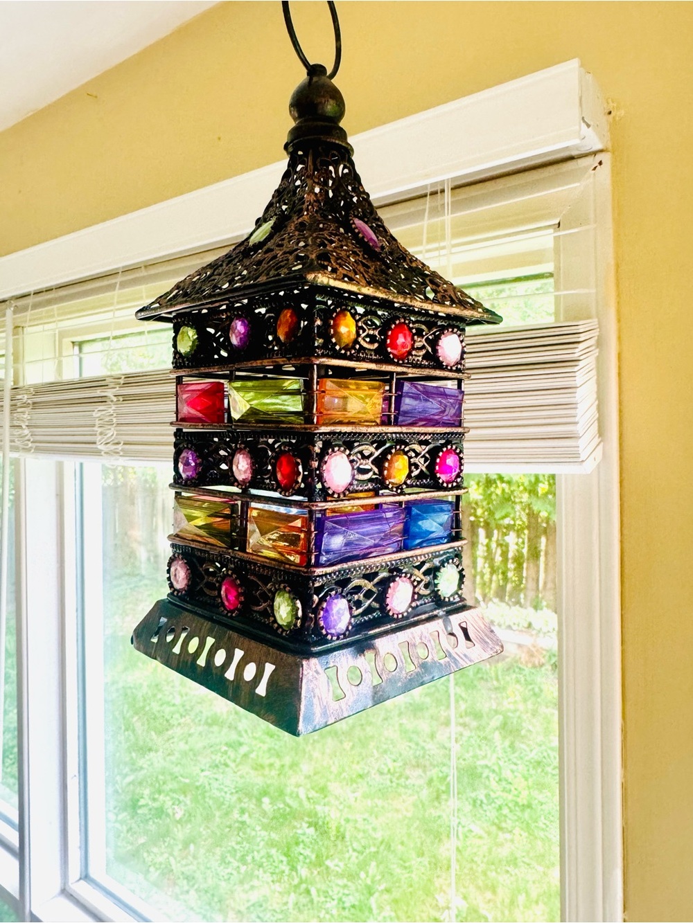 Multicolor Stained Glass Hanging Lantern for Indoors or Outdoors